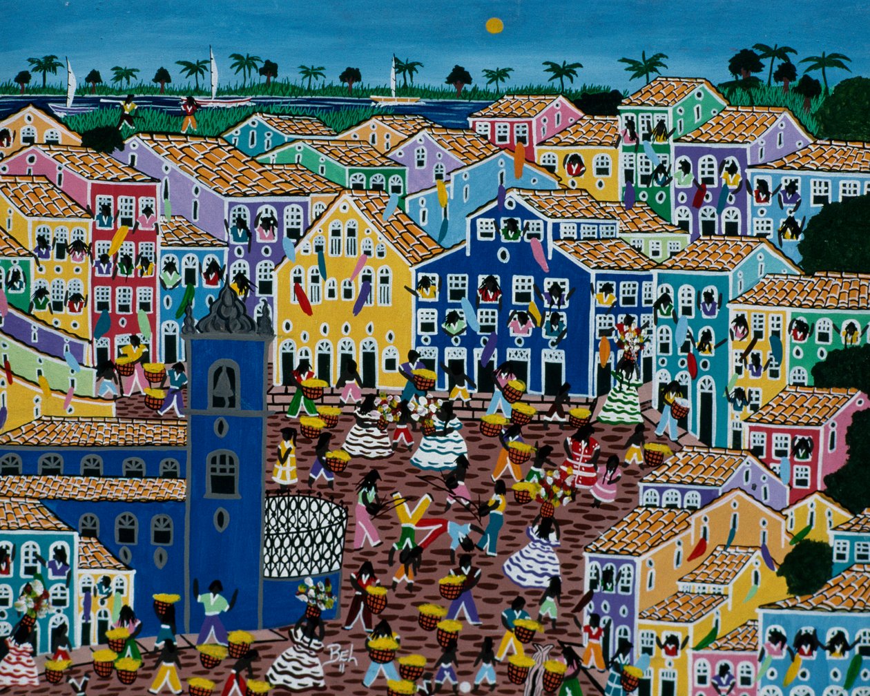 Naivt kunstmaleri, der viser markedet, Bahia State, Brasilien af School Brazilian