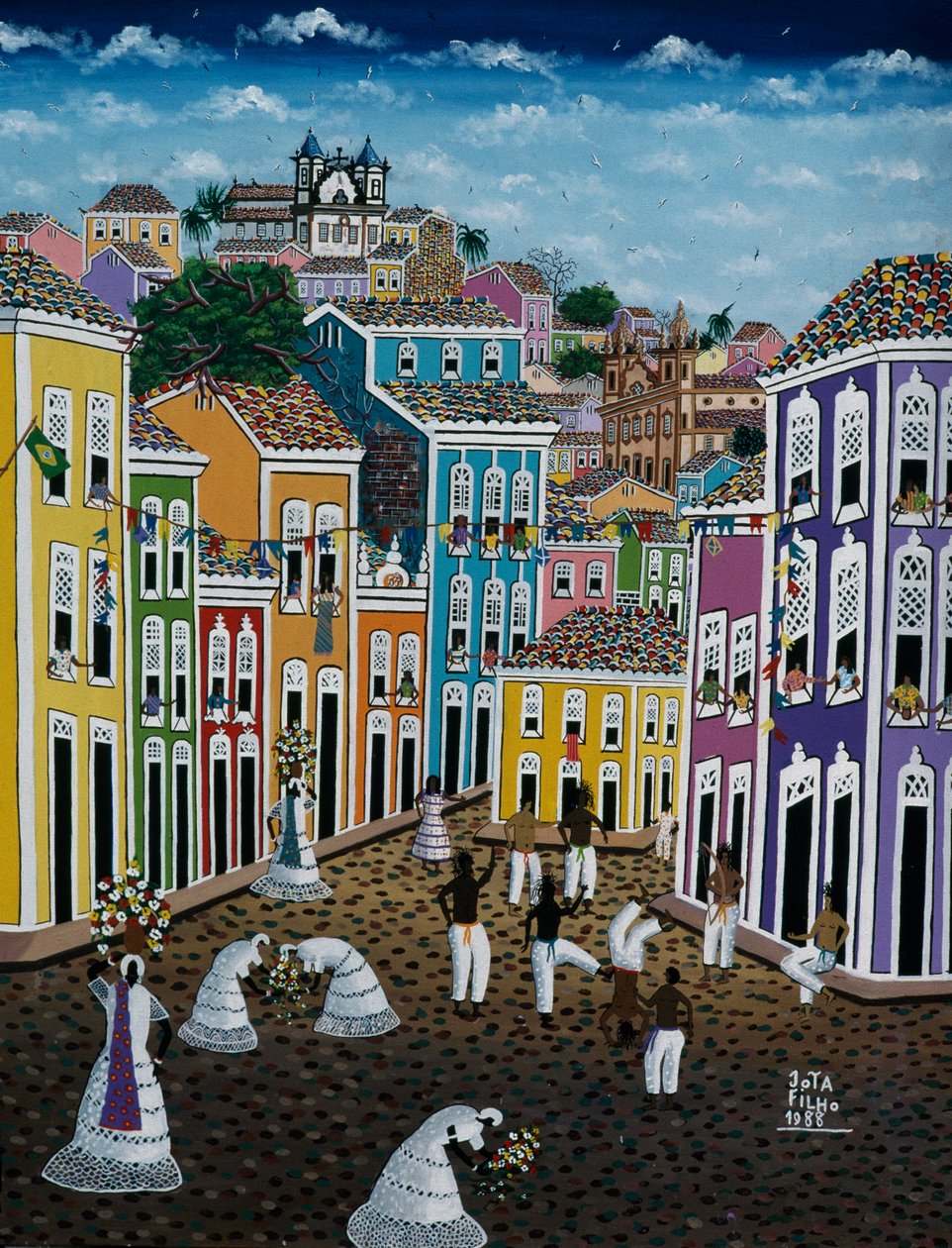 Naivt kunstmaleri, der viser gadebilledet, Bahia State, Brasilien af School Brazilian