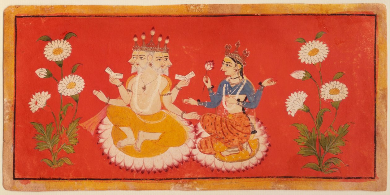 Brahma siddende med Saraswati Brahma, der holder de fire vedaer, og Saraswai, der holder et lotusblad, ca. 1650 (gouache) af School Bundi
