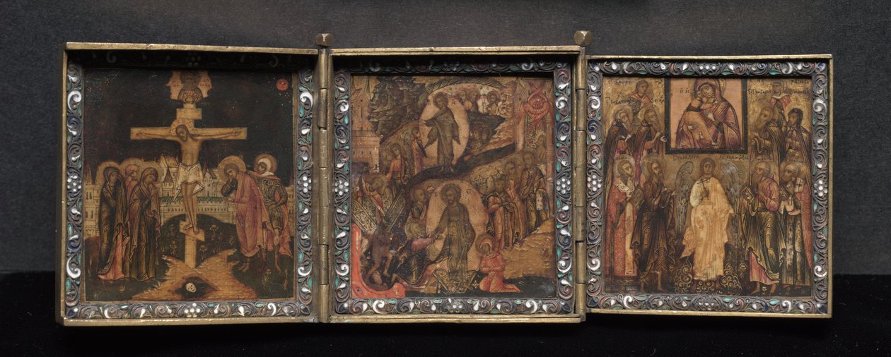 Bærbart Triptykon-ikon: Opstandelsen og Anastasis af School Byzantine