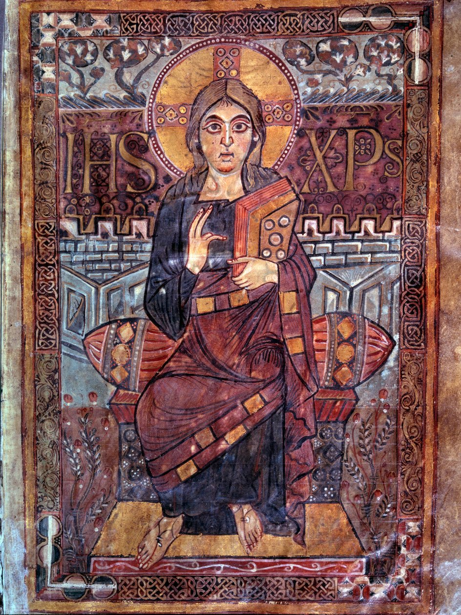 Karolingisk kunst: Kristus i majestæt (i herlighed). Miniature fra manuskriptet "Evangeliaire de Godescalc, Ecole du Palais de Charlemagne"" (folio 3) kopi af Godescalc fra statskassen i Saint-Sernin de Toulouse, Bibliotheque du Louvre, 781-783. BN, Paris af School Carolingian