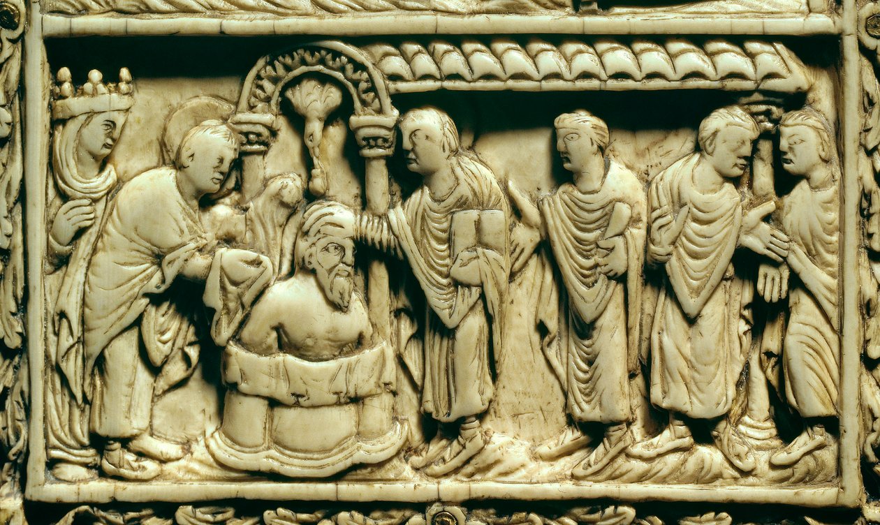 Karolingisk kunst: detalje: dåben af Clovis I (466-511) i nærværelse af dronning Clothilde den 25/12/498. 9. århundrede. Amiens, Picardie Museum. af School Carolingian