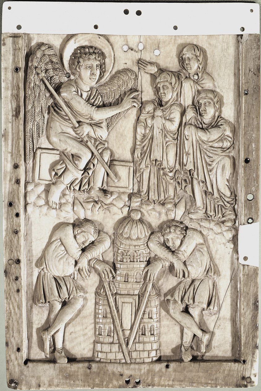 Karolingisk kunst: hellige kvinder ved graven - (Hellige kvinder ved graven) Elfenbensrelief af School Carolingian