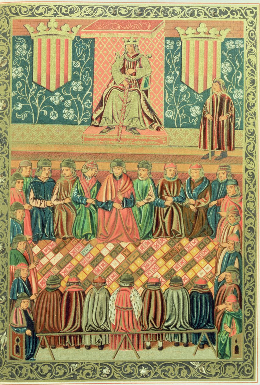 Kong James I Erobreren, der præsiderer over Cortes of Lleida i marts 1242, fra et manuskript af 