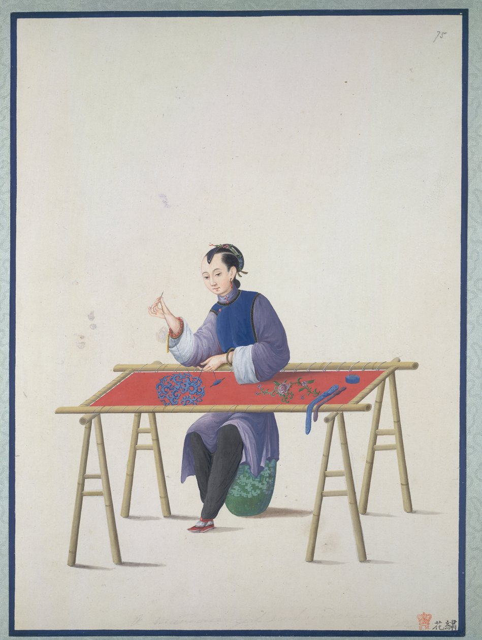 En kvinde, der broderer, ca. 1800 (akvarel på papir) af School Chinese