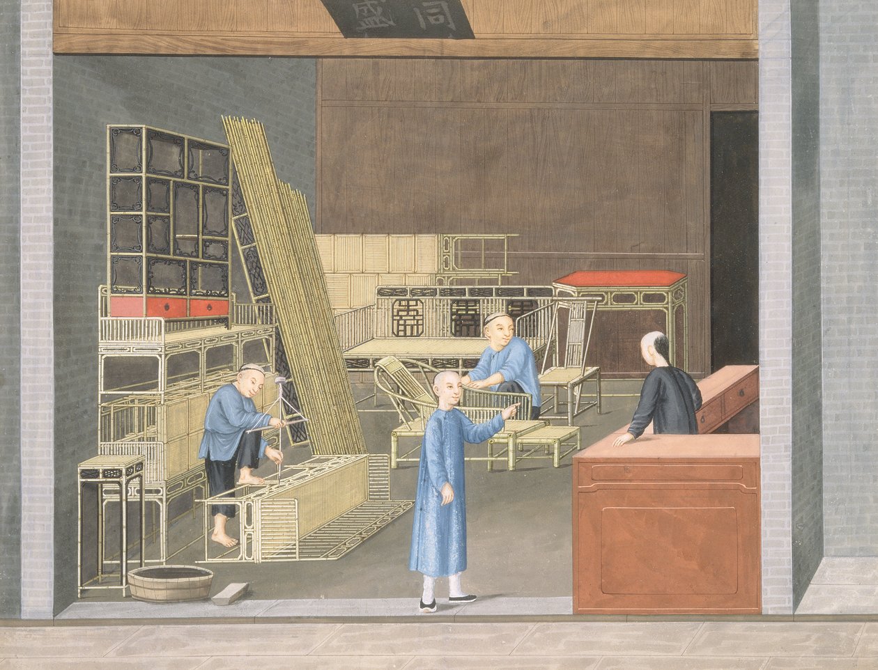 Bamboo Furniture Shop (gouache og akvarel på papir) af School Chinese