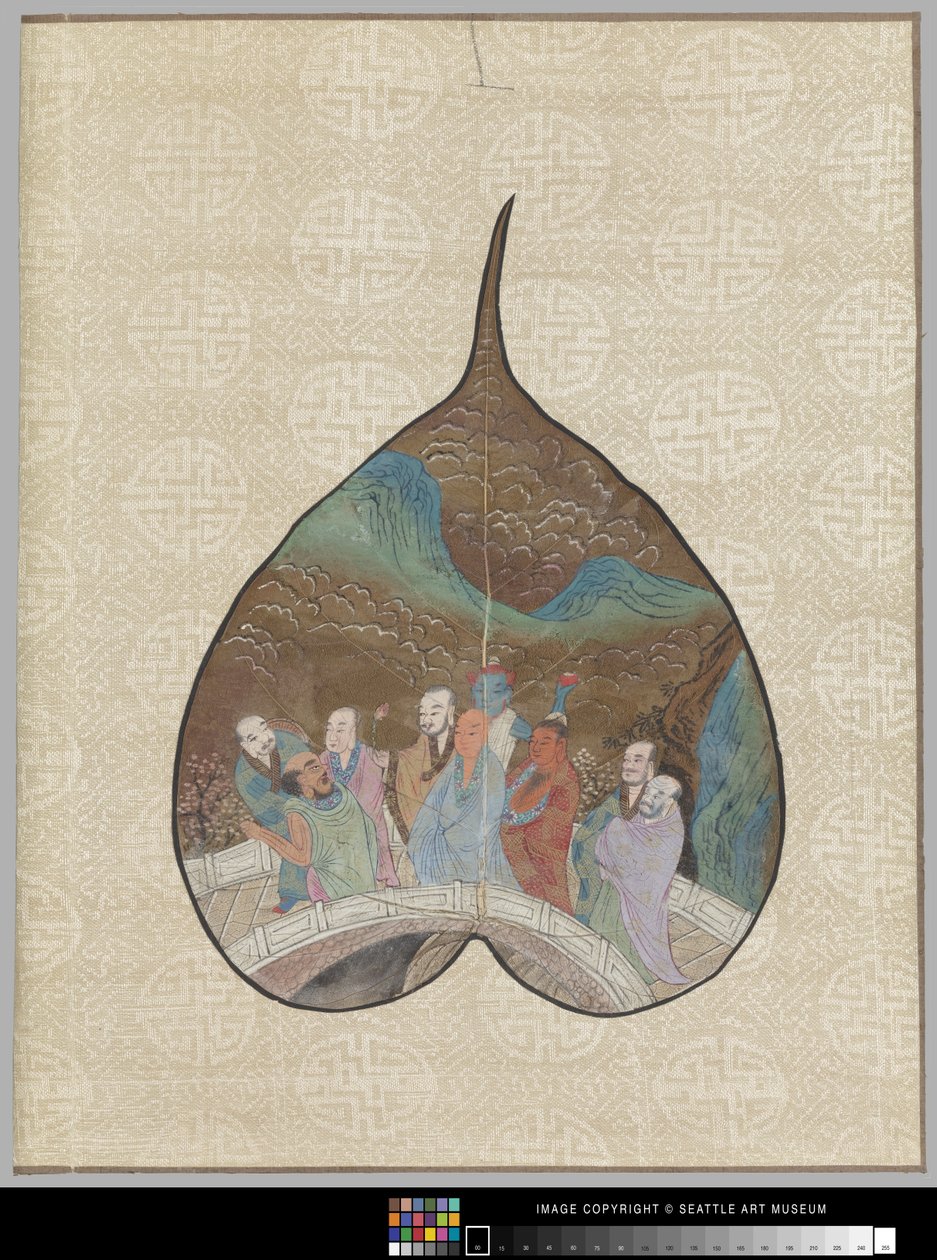 Bodhi-blad med Luohan-maleri (blæk og farve på blad) af School Chinese