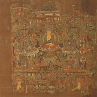 Ch.1.iii.02 Paradise of Bhaisajyaguru, 8.-9. århundrede, Tunhuang (stofmaling på silke) af School Chinese