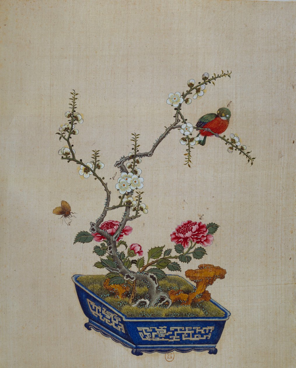 Kinesisk kunst: blomster og fugle (bonzai). 1700-tals silkemaleri. Paris, B.N. af School Chinese