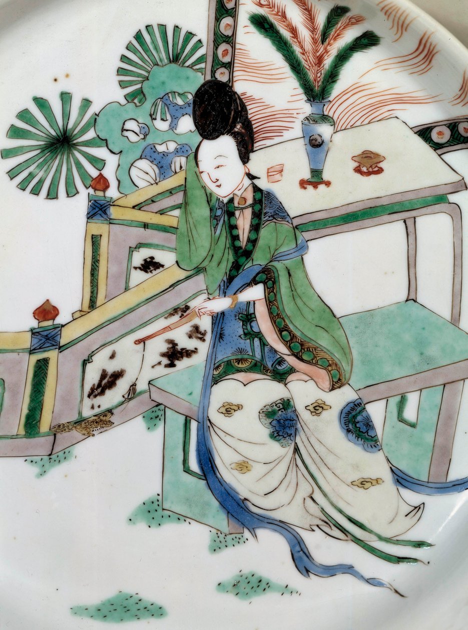 Kinesisk kunst: damen sidder tilbage på en bænk. Maleri på porcelæn fra 1700-tallet. Paris, Guimet-museet, Nationalmuseet for asiatisk kunst af School Chinese