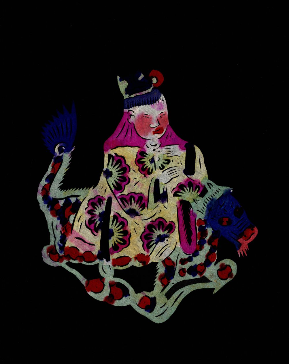 Kinesisk gud rider på en drage. Bemalet papirklip eller "Jian Zhi", kinesisk folkekunst, Pekin. af School Chinese