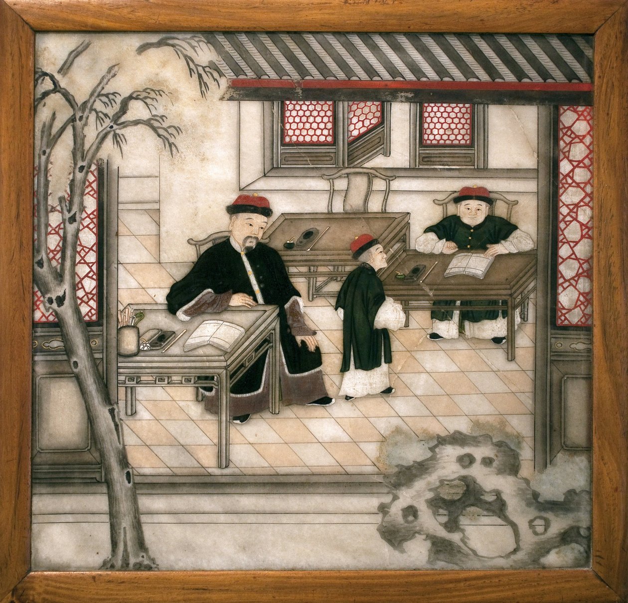 Dekorativ marmorplade, der repræsenterer bogstaver i deres skab. Malet marmor, Qing-dynastiet (1644-1911), kinesisk kunst. Musee d