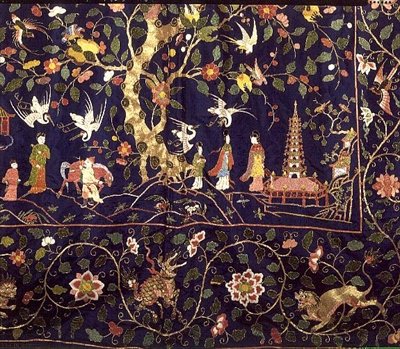 Broderet vægtæppe fra statssengen på Calke Abbey, begyndelsen af det 18. århundrede (detalje) (broderi af farvet silke og guldtråd) af School Chinese