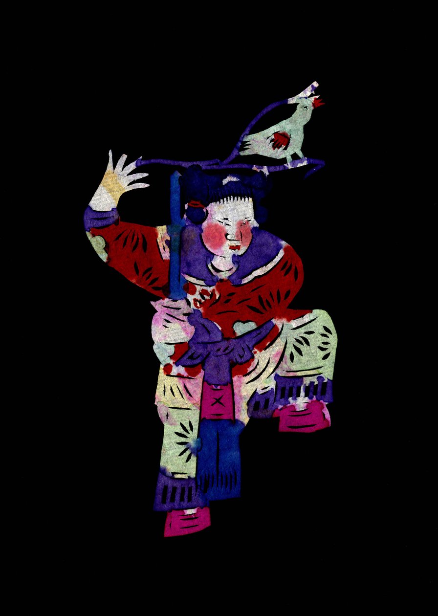 Kvindefigur holder et sværd med en fugl. Bemalet papirklip eller "Jian Zhi", kinesisk folkekunst, Pekin. af School Chinese