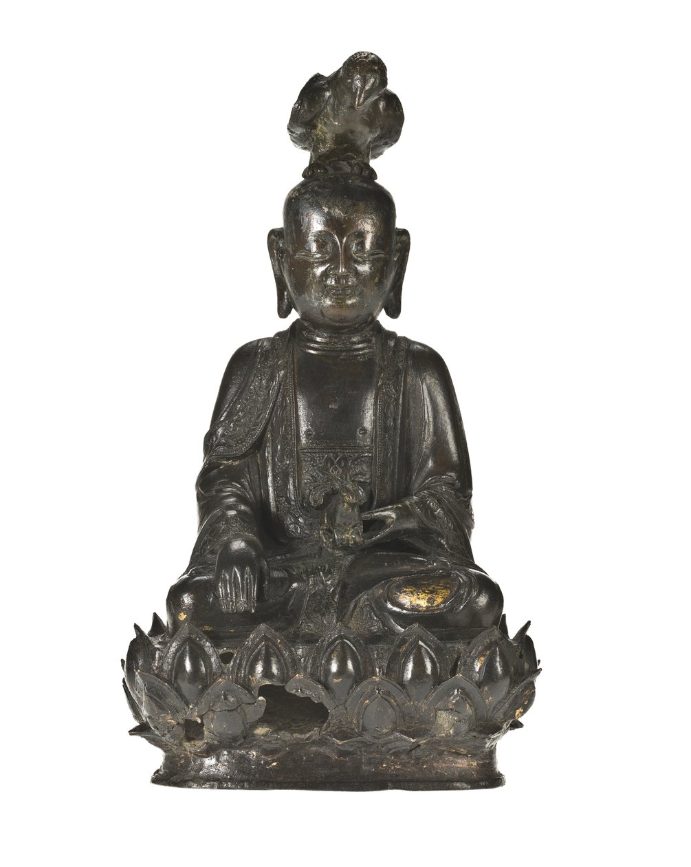 Figur af Guanyin, den kinesiske gudinde for barmhjertighed, siddende på en lotusdesignet base med en ravn på sit hoved og en kanin i sin venstre hånd af School Chinese