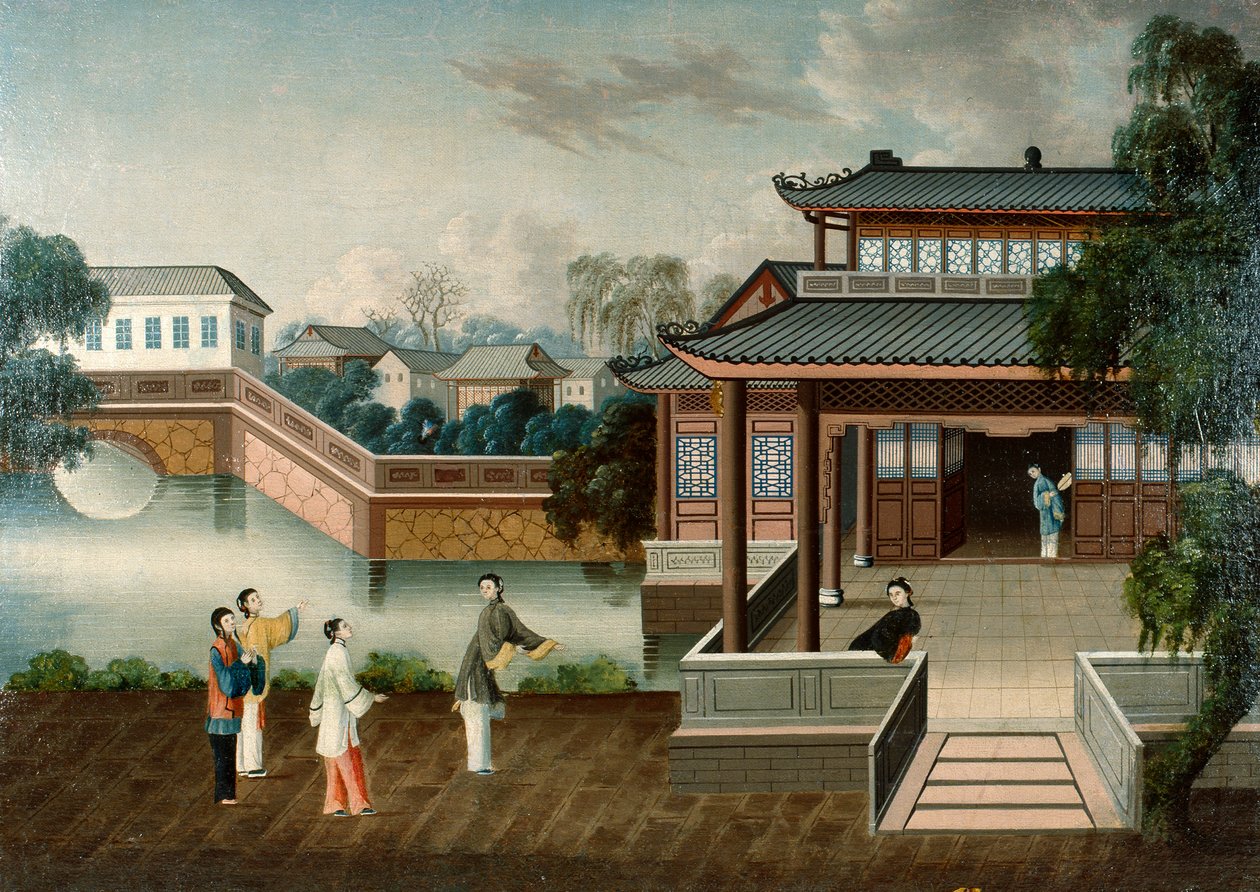 Figurer, der nærmer sig et palæ ved floden, ca. 1800 (olie på lærred) af School Chinese