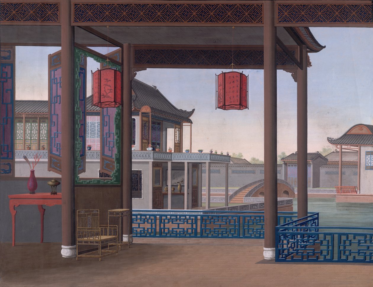 En kinesisk embedsmands hus, ca. 1800-05 (ugennemsigtig akvarel på papir) af School Chinese