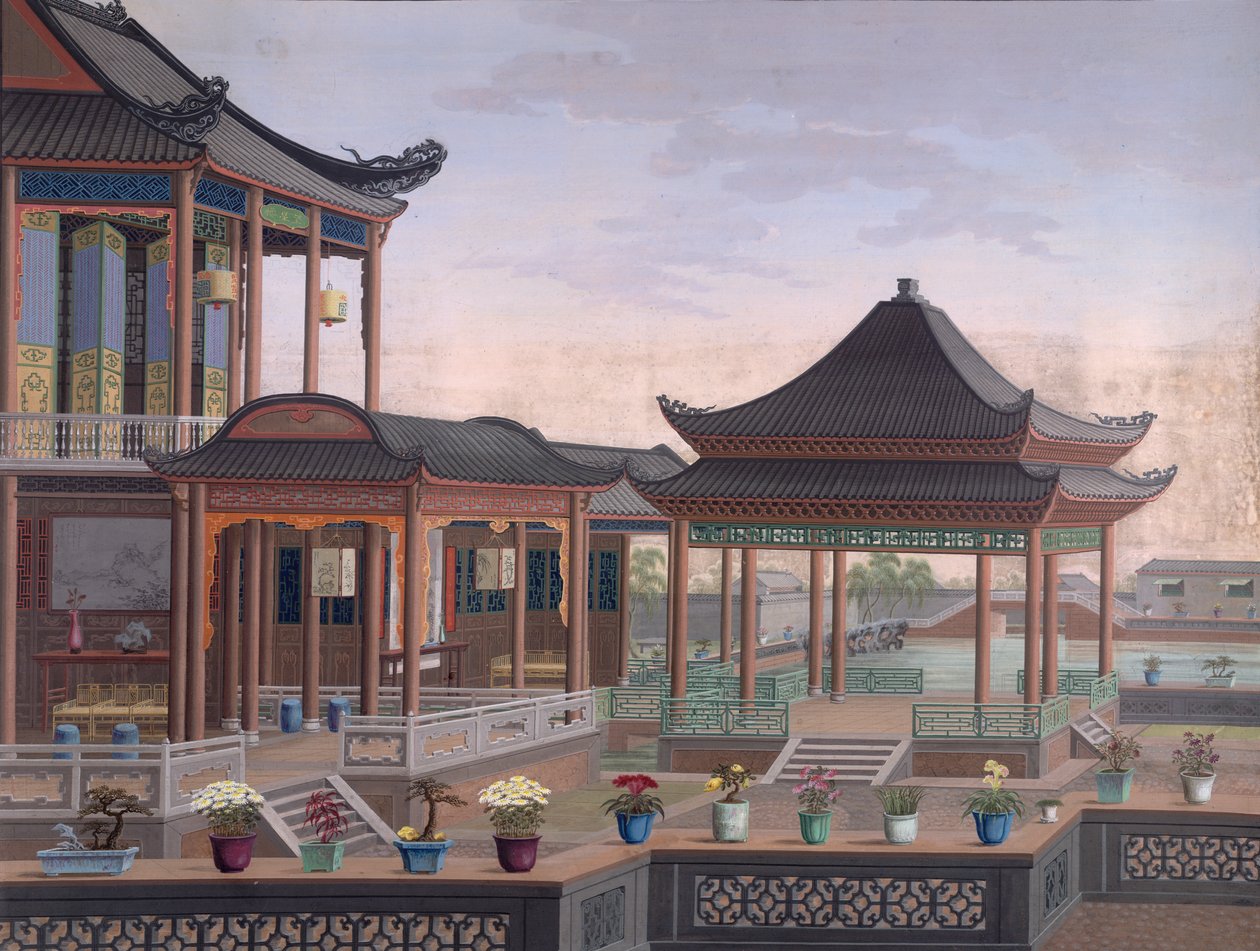 En kinesisk embedsmands hus, ca. 1800-05 (ugennemsigtig akvarel på papir) af School Chinese