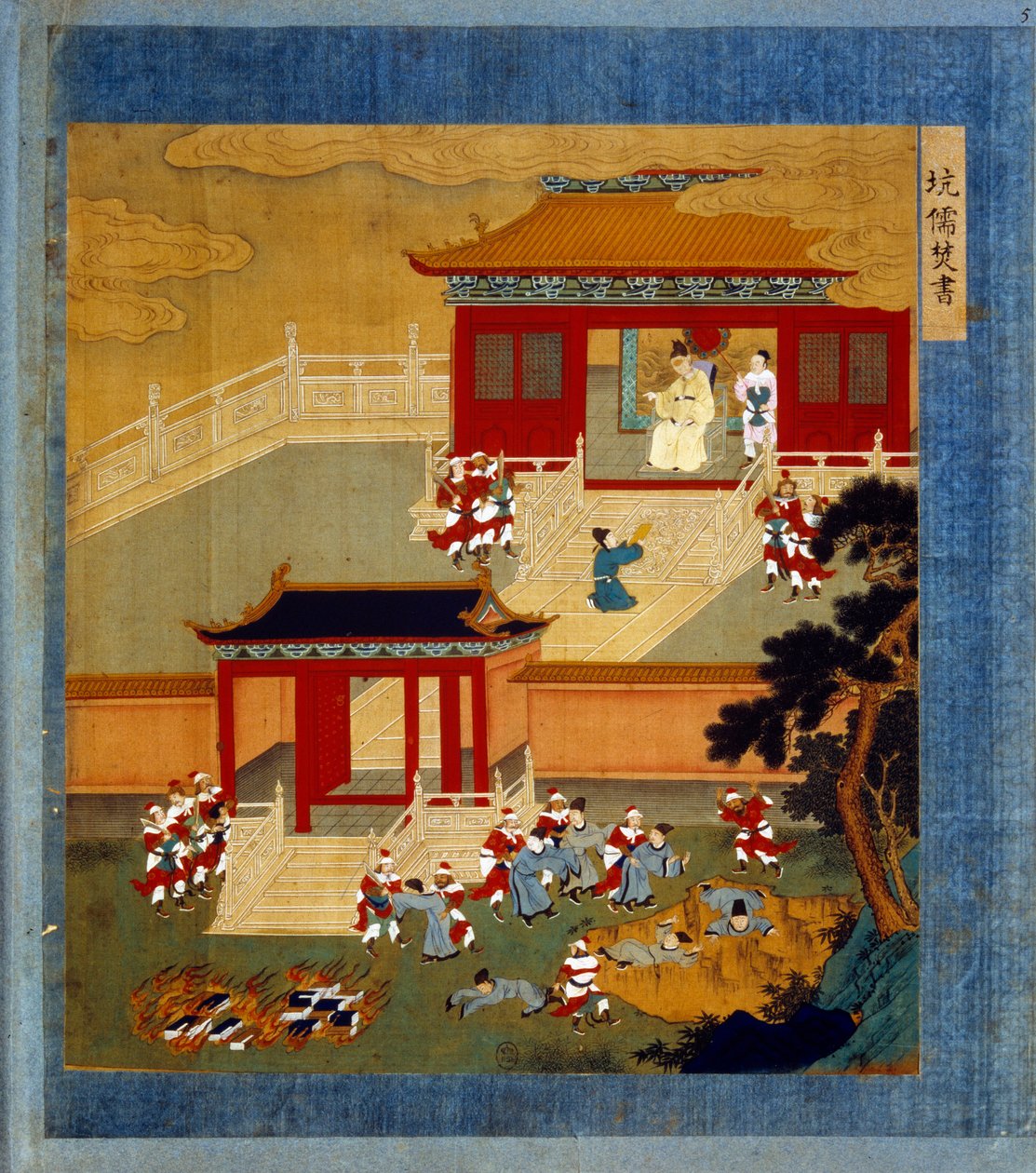 Huang Ti (Huang-Ti di også Qin Shi Huangdi), grundlæggeren af Qin-dynastiet (-260 til -210) brændte alle kinesiske bøger (autodafe) og fældede læsekyndige mennesker i en pit. Chi-Hoang er bygherren af den store mur, der adskiller Kina fra Tartaria. Miniatu af School Chinese