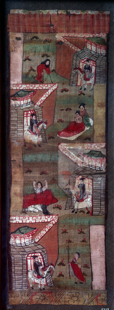 Life of Buddha: episode af Siddharthas 4 møder: en gammel, en elendig, en syg og en grabatee. Maleri, 8. - 10. århundrede, Tang-dynastiet. Paris, Musée Guimet af School Chinese