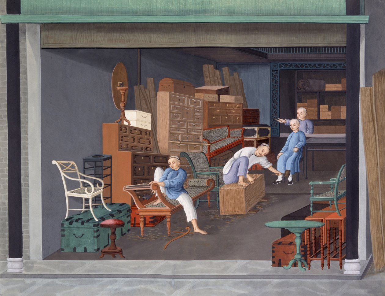 Fremstilling af europæisk snedkeri, ca. 1825 (gouache på papir) af School Chinese