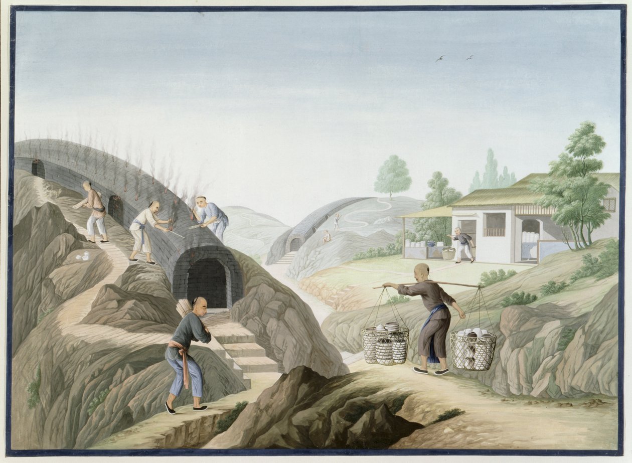Fremstilling af porcelæn: Firing the Dragon Kiln (akvarel og gouache på papir) af School Chinese