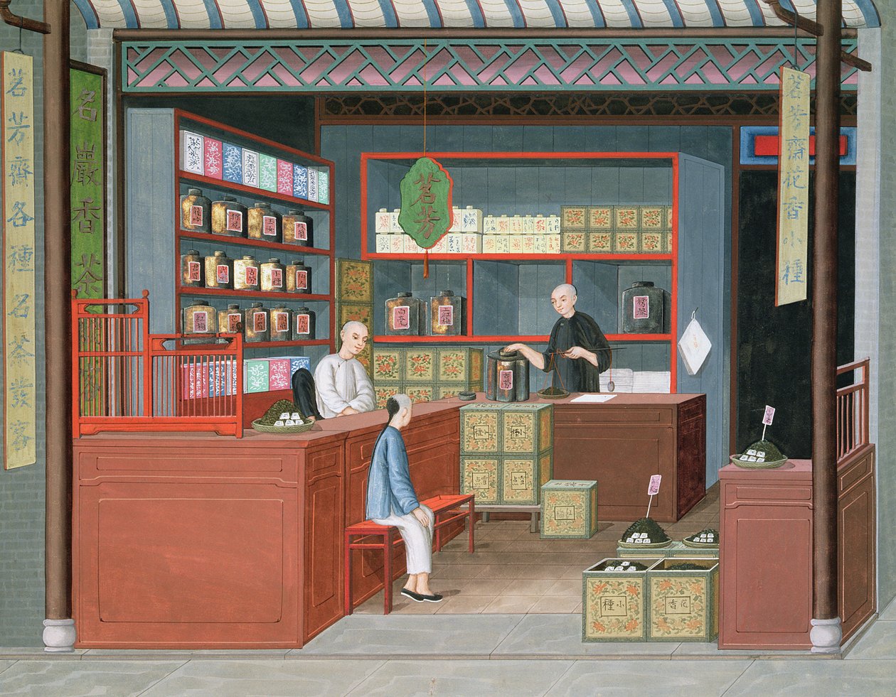 Ming-Tang Tea Store sælger velduftende Tenderleaf Tea (akvarel og gouache på papir) af School Chinese