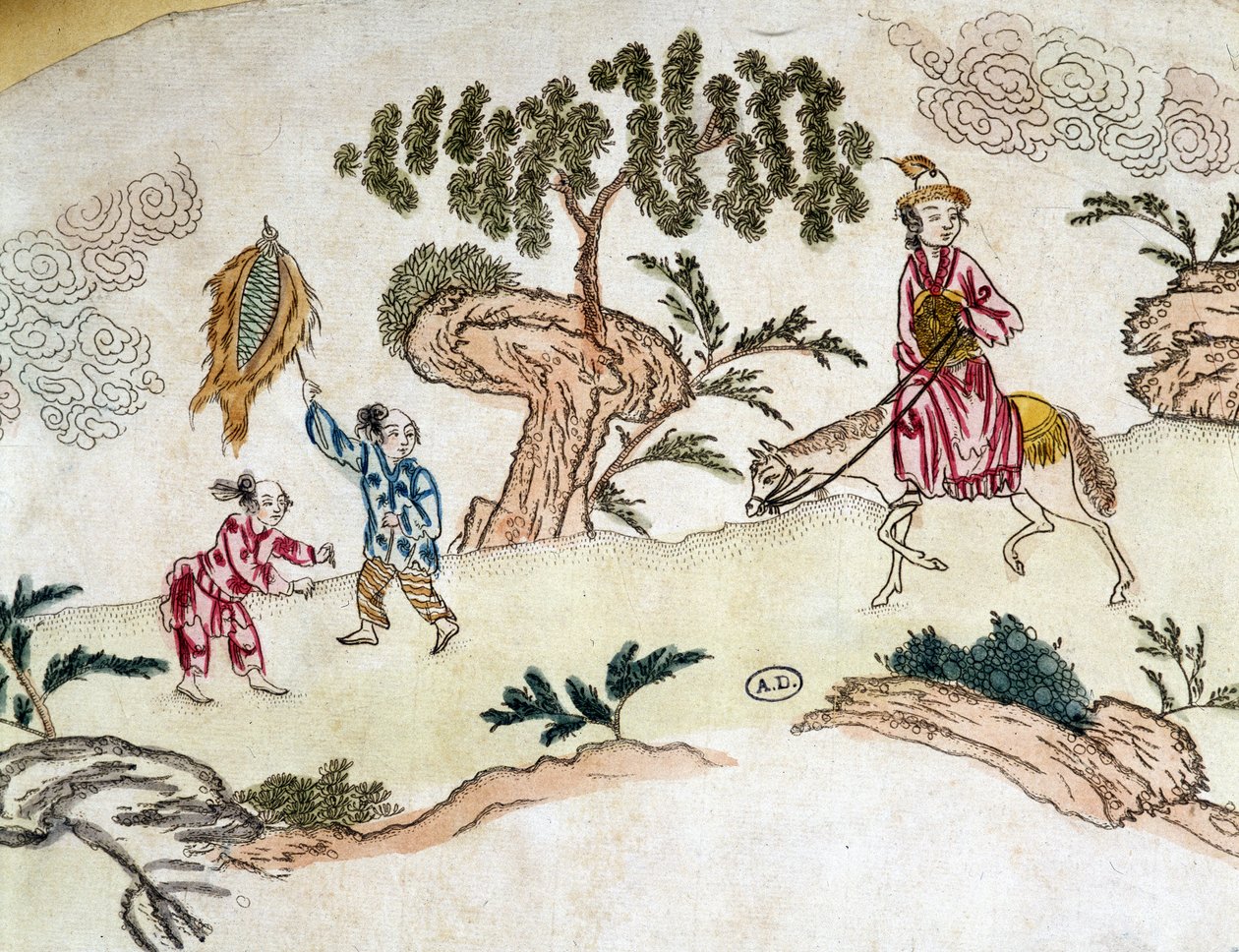 Ædel kvinde til hest og børn, der leger drage - kinesisk tryk, omkring 1800 af School Chinese