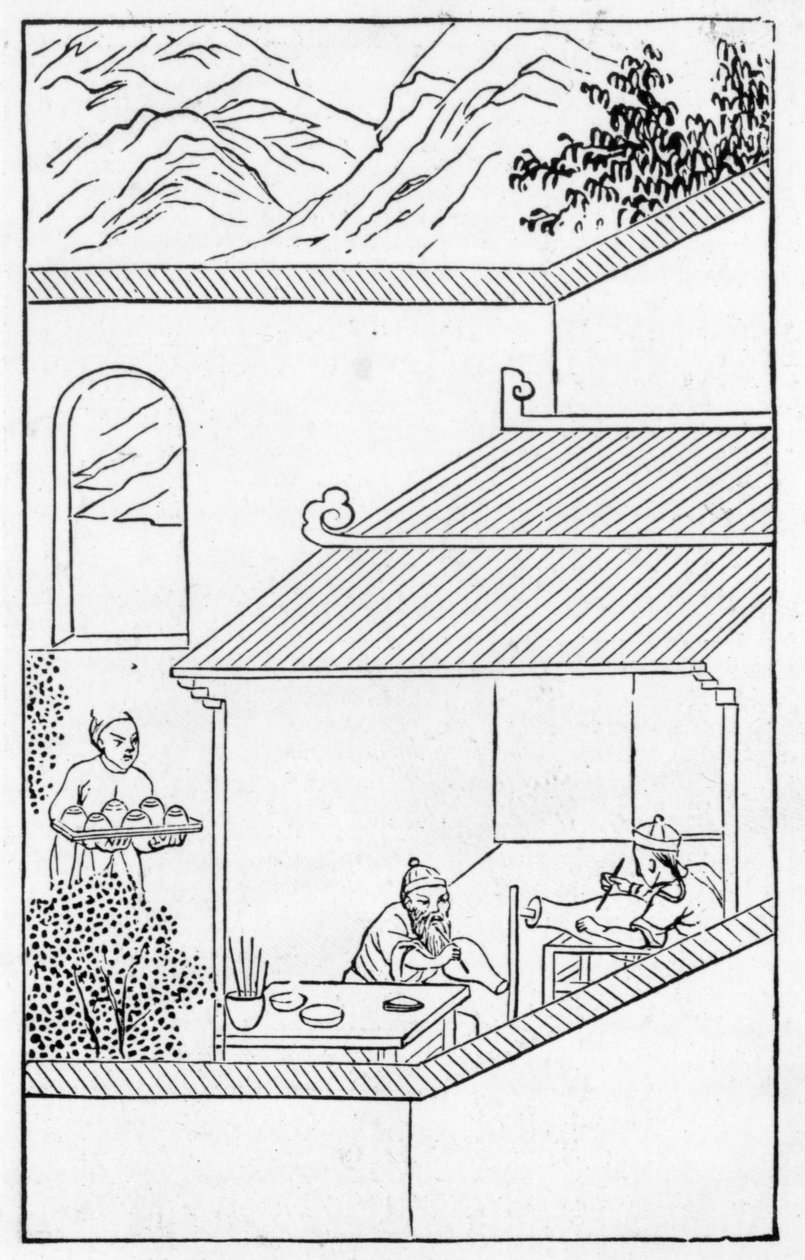 Maling af blå blomster på vaser, fra en række illustrationer om fremstilling af porcelæn (litho) (se 384116 & 384117 for hele serien) af School Chinese