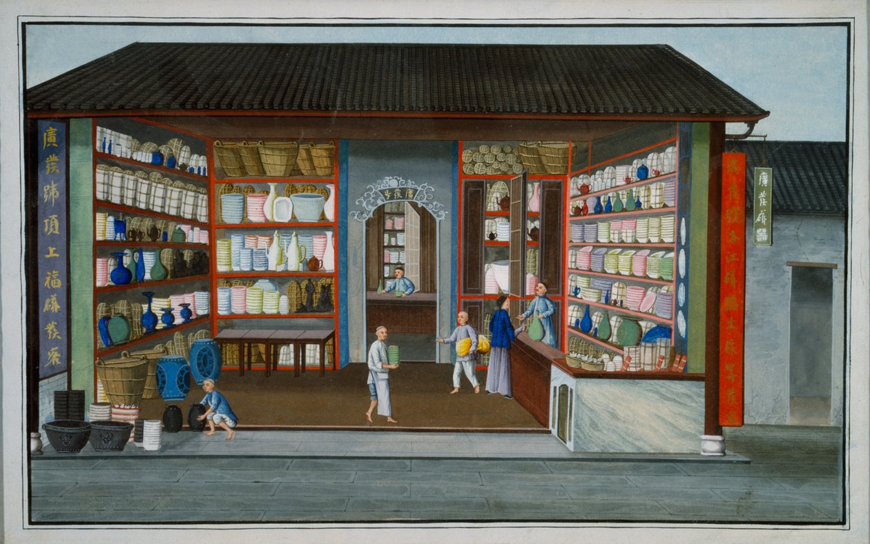 Porcelain Shop (gouache og akvarel på papir) af School Chinese