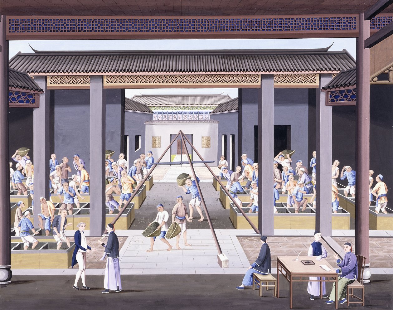 Pounding the Tea, ca. 1800 (gouache-tegninger på kraftigt indfødt papir) af School Chinese