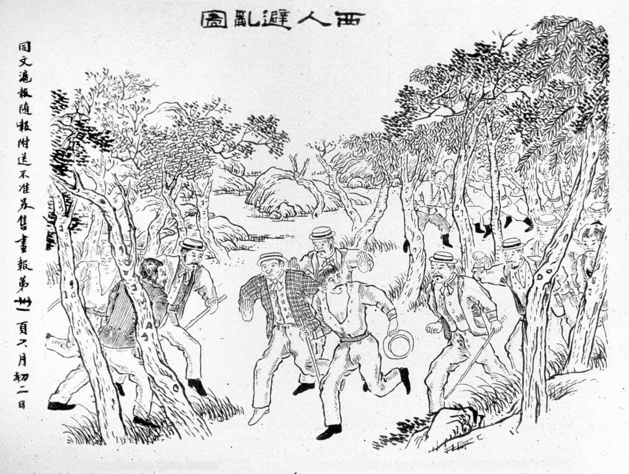 Boxer Rebellion: Europæere kæmper mod bokserne. Illustration offentliggjort i Shanghai Journal Toung-Ouen-Hou-Pao.1899 ca. af School Chinese
