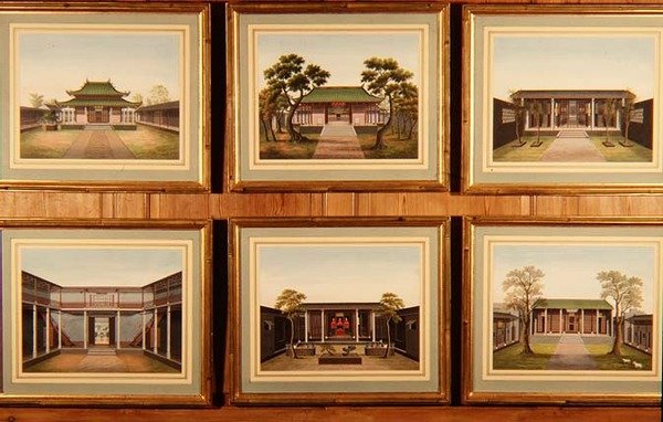 Sæt med seks kinesiske pavilloner og gårdscener, ca. 1780 (akvarel) af School Chinese
