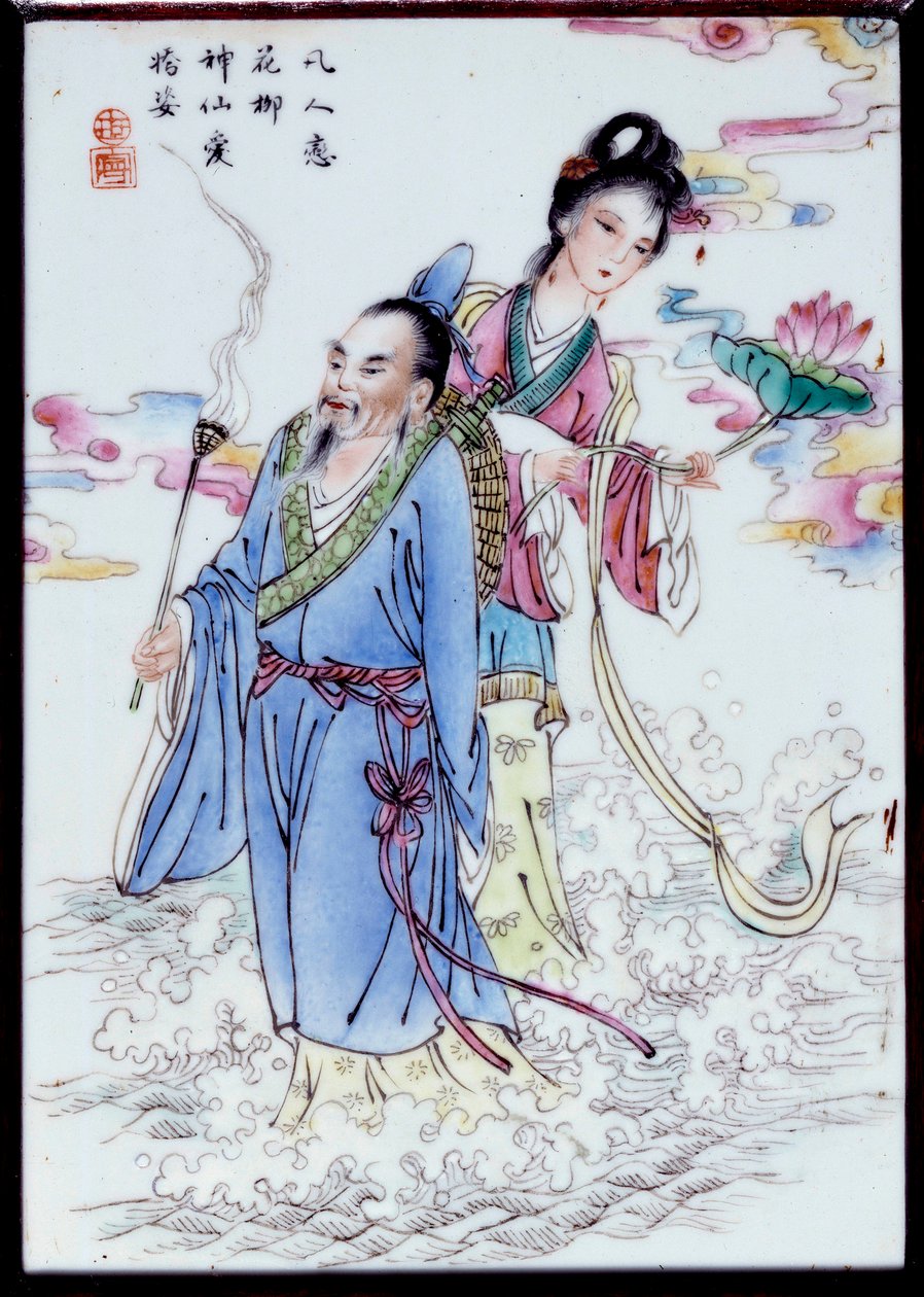 Summer Allegory En kvinde, der holder en liljeblomst, og en mand, der holder en røgelsesring, går gennem sprayen. Maleri på anonymt porcelæn. 1700-tallets privatsamling af School Chinese