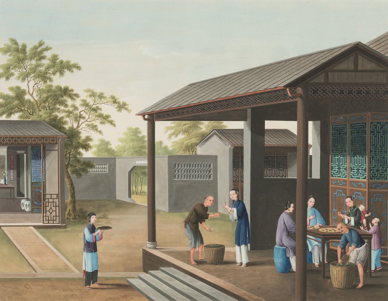 Teproduktion, ca. 1820 (kropsfarve og guldmaling på silke lagt på papir) af School Chinese