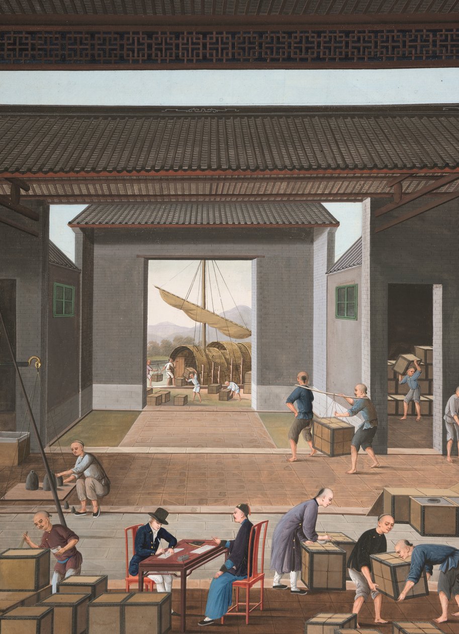 Teproduktion, ca. 1820 (kropsfarve og guldmaling på silke lagt på papir) af School Chinese