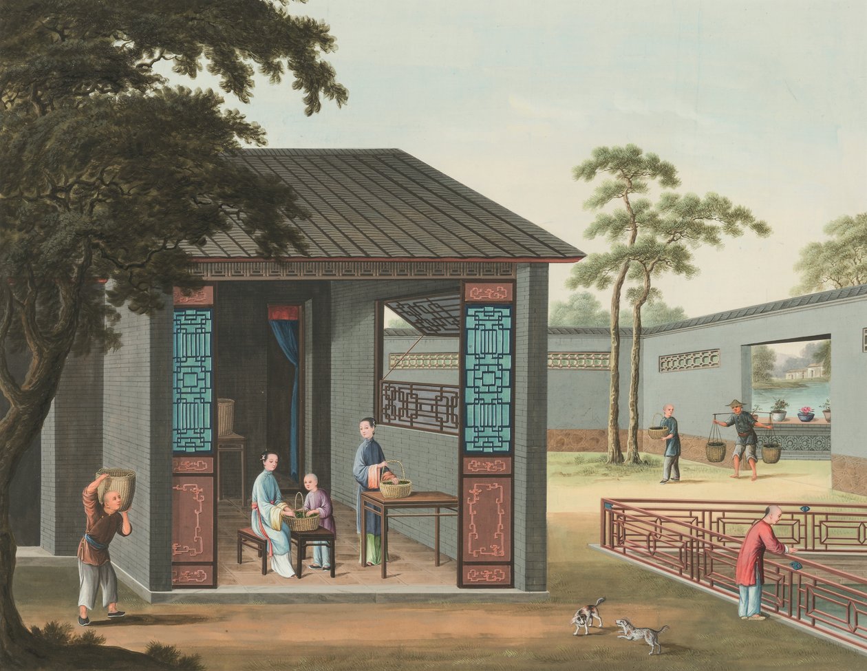 Teproduktion, ca. 1820 (kropsfarve og guldmaling på silke lagt på papir) af School Chinese