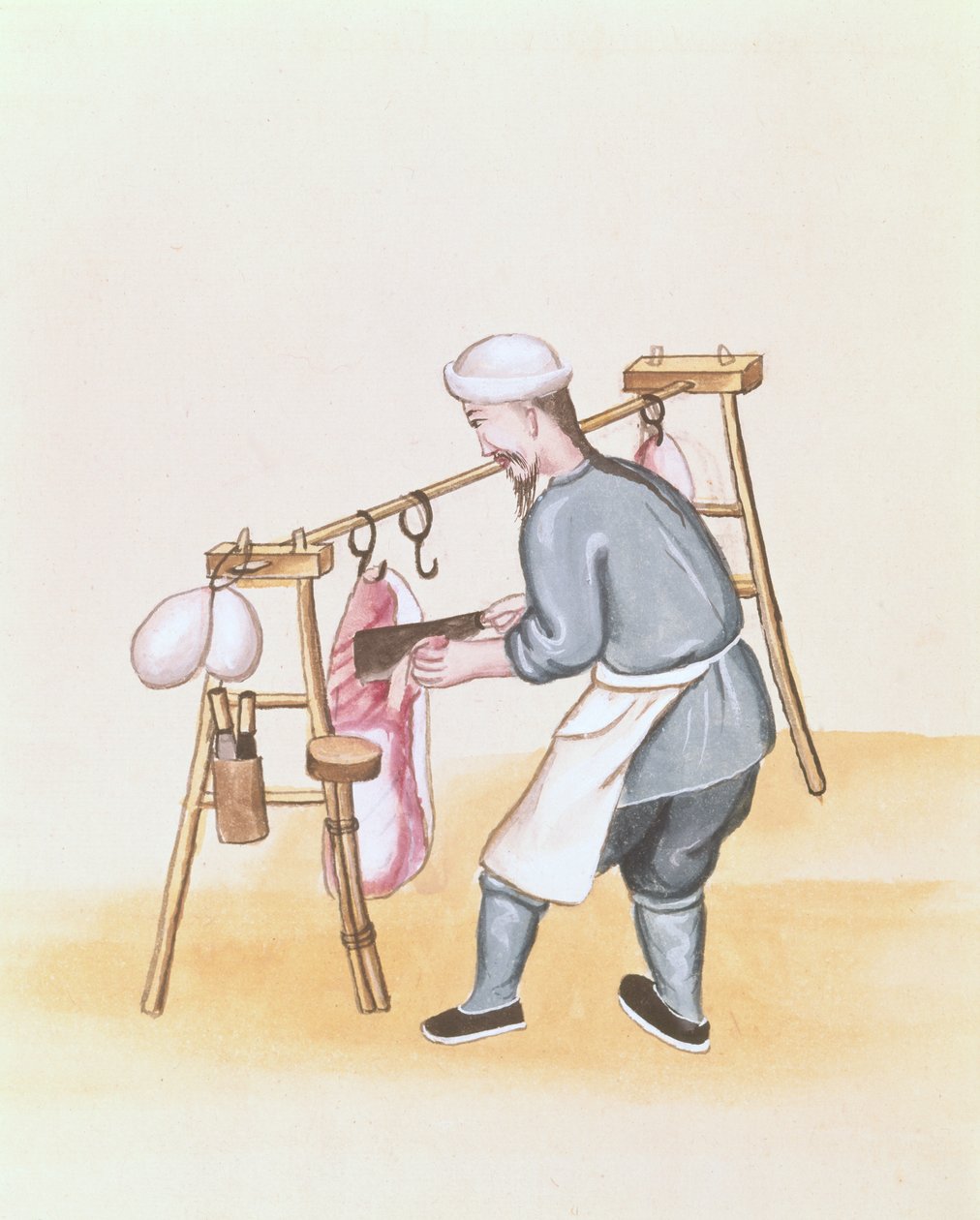 Kødsælgeren, fra en bog om Pekings gader, ca. 1785 (akvarel og gouache på papir) af School Chinese