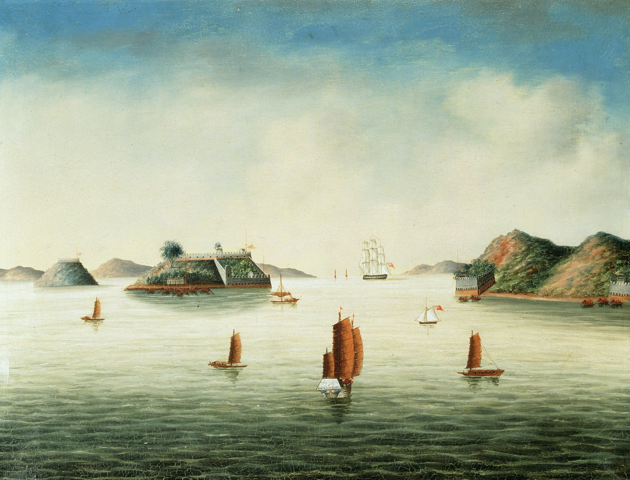 Udsigt over Canton-området, ca. 1850 (olie på lærred) af School Chinese