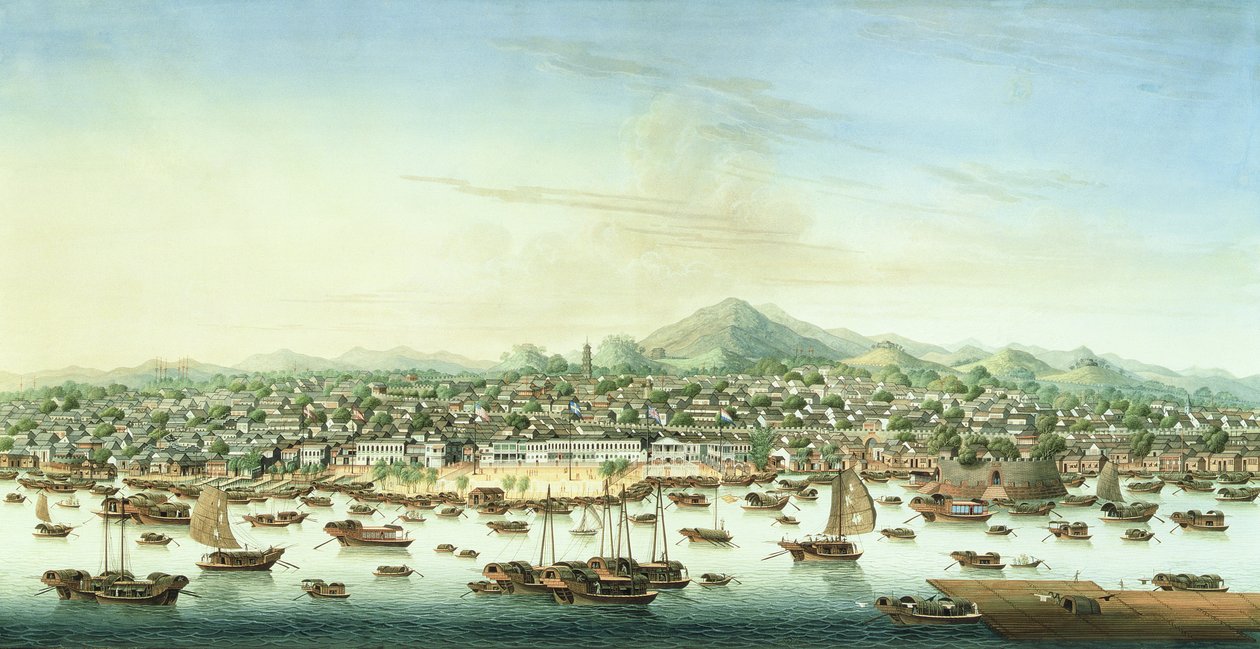 Udsigt over Canton, ca. 1800 (akvarel og gouache på papir) af School Chinese