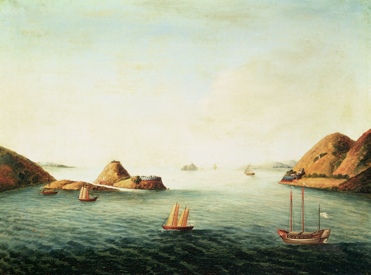Udsigt over Boca Tigris ved Pearl River, ca. 1830 (olie på lærred) af School Chinese