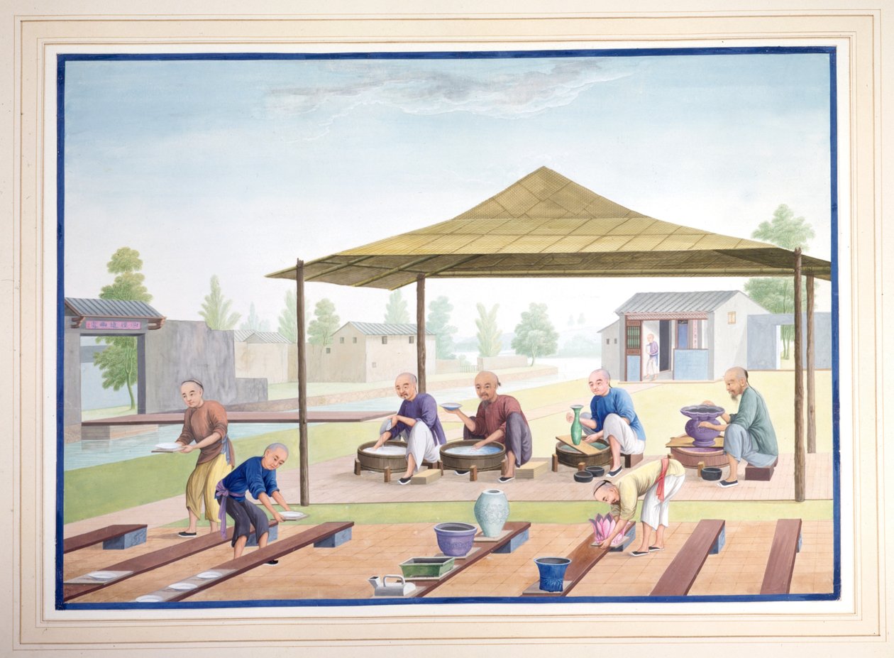 Arbejdere, der påfører glasur, ca. 1825 (gouache på papir) af School Chinese