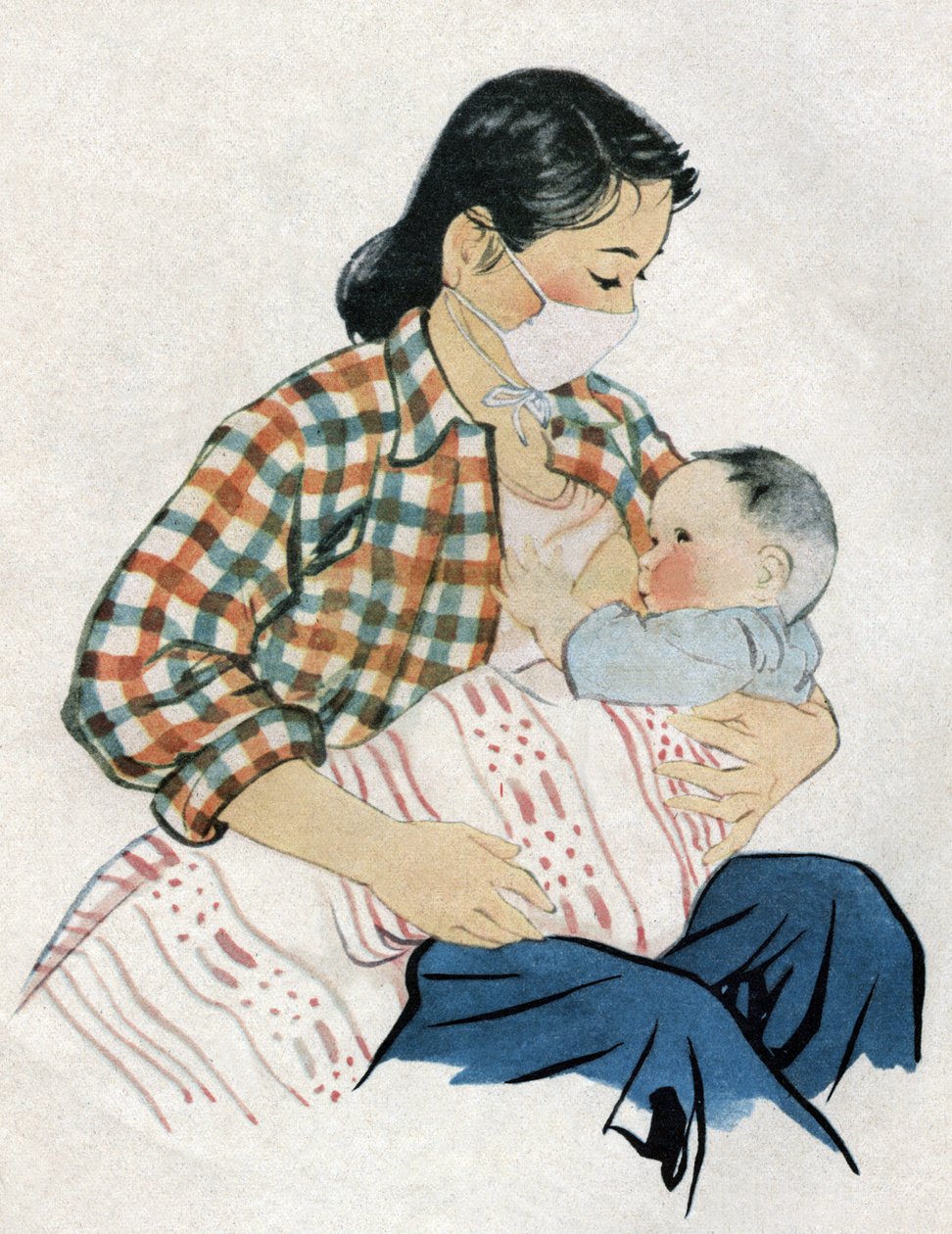 Ung mor ammer sin baby. Illustration, i "Comment mieux nourrir nos enfants", Edition Le Journal de la Sante, Pekin af School Chinese