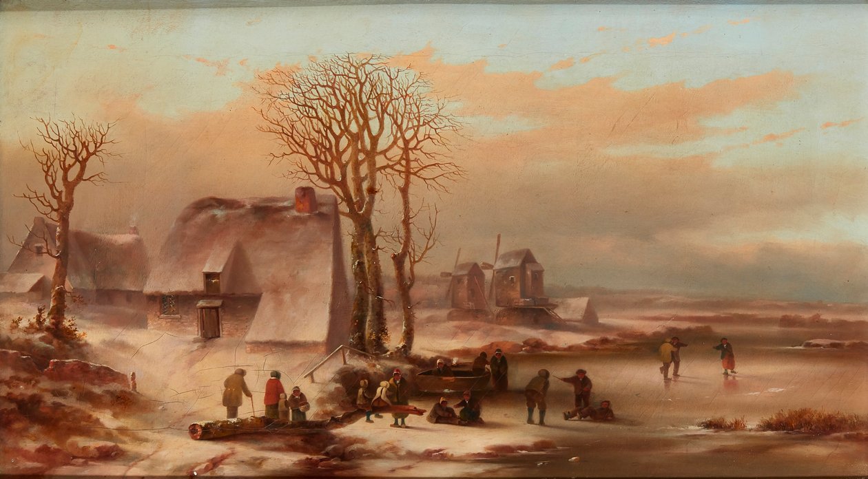 Et vinterlandskab med figurer på en frossen sø (olie på lærred) af School Dutch