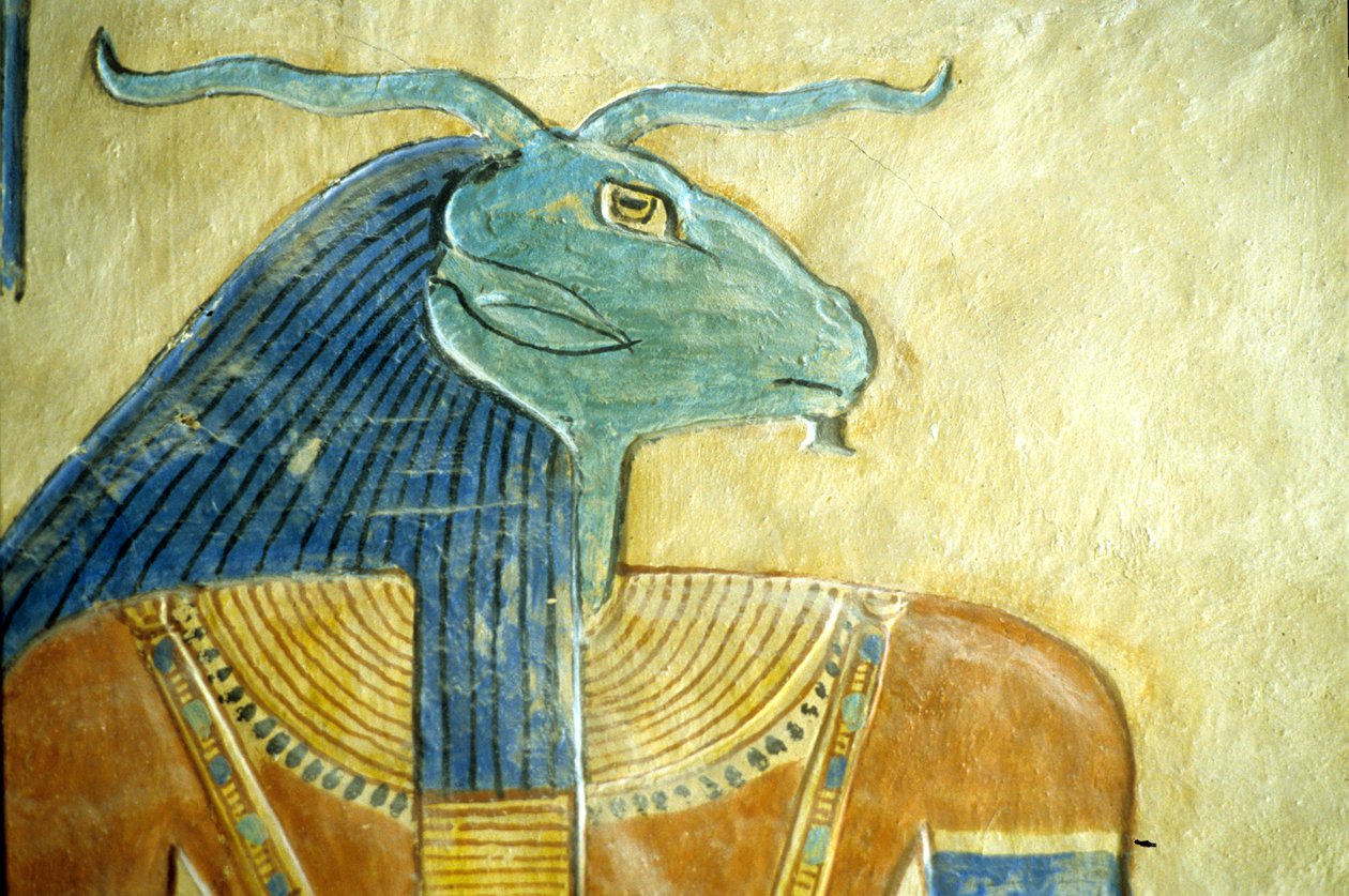 Det gamle Egypten, Udskæring/maleri, Underverdenens gud med vædderhoved, Amon hir Khopshet-graven, Theben, 20. dyn (foto) af School Egyptian