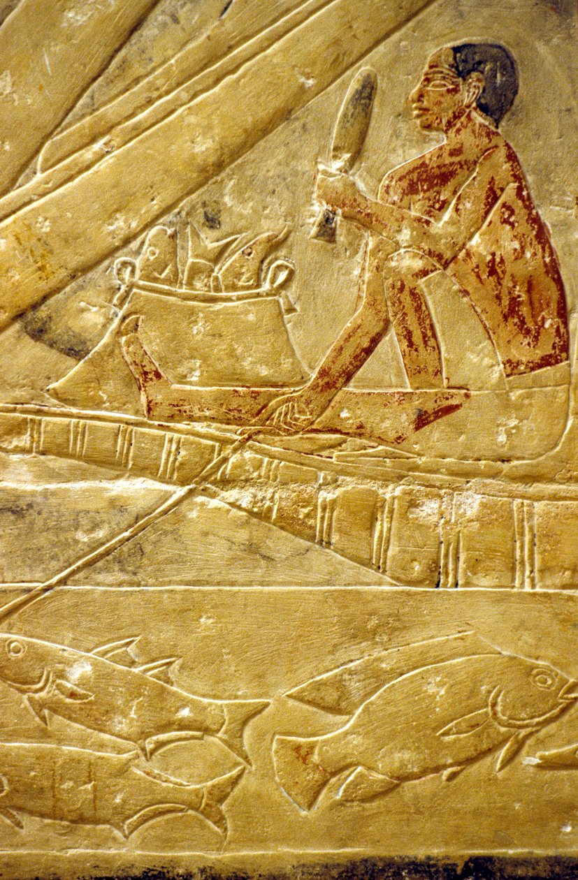 Det gamle Egypten, Idouts mastaba/grav, Saqqara, Fiskere sidder på både og skræller fisk (foto) af School Egyptian