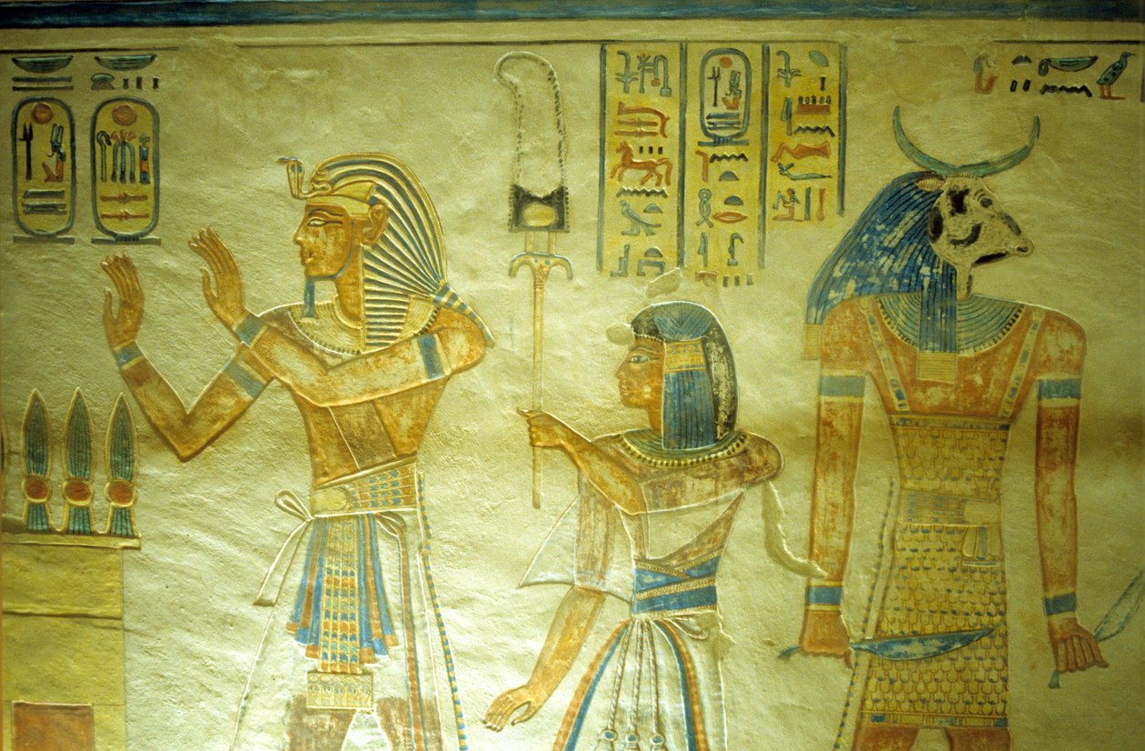 Det gamle Egypten, maleri/udskæring, Amon-Hir Khopshef-graven, Ramses III med sin søn Amon-Hir, der bærer en fane af School Egyptian