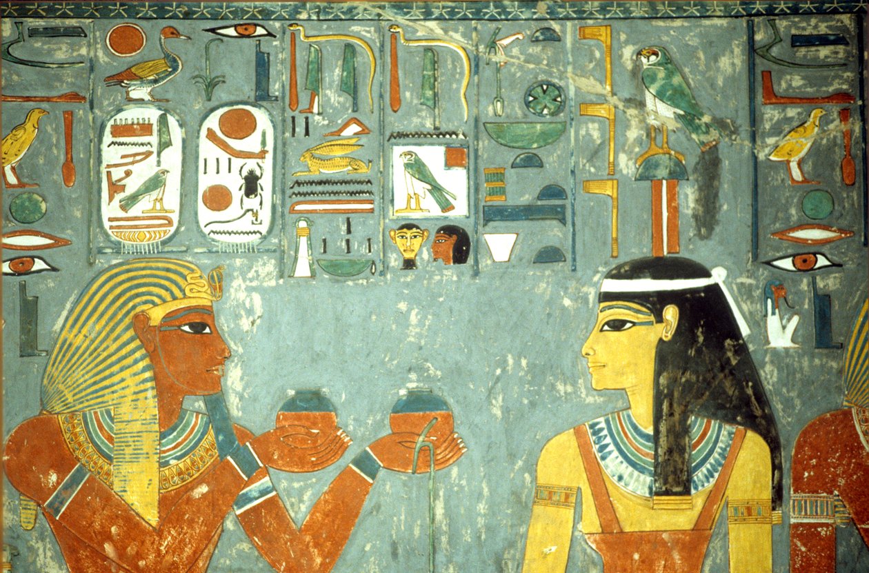 Det gamle Egypten, Maleri, Horemheb tilbyder salver til Hathor, Horemhebs grav, Theben af School Egyptian