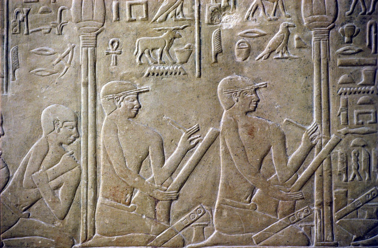Det gamle Egypten, Relief/udskæring, Merereukas grav, Merereukas mastaba, 6. dynasti, Saqqara, Landsbyældste tvunget til at indrømme deres fejlbehæftede selvangivelser over for embedsmænd (foto) af School Egyptian