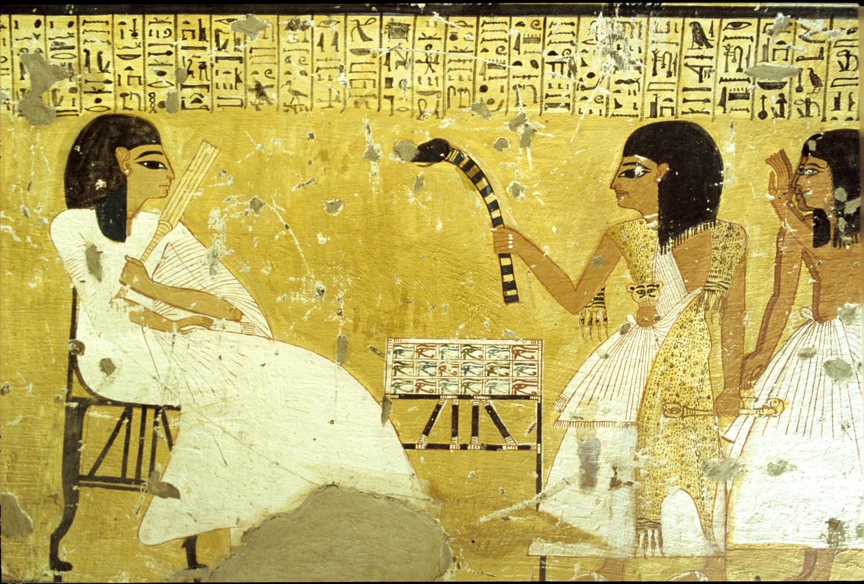 Det gamle Egypten, Inherkhaus grav, Theben, Inherkhau foran sine sønner, der udfører en præsts pligter, iført et leopardskind, vægmaleri, adelens dal, 20. dynasti (foto) af School Egyptian